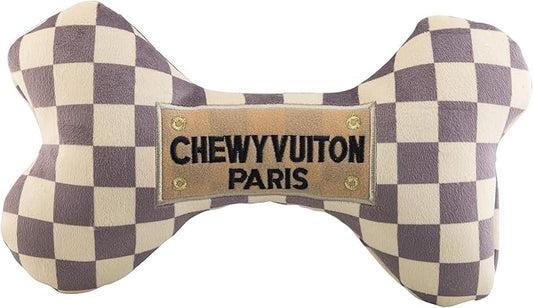 Haute Diggity Dog Checker Chewy Vuiton Bone, Plush Designer Dog Toys with Interactive Squeaker, Stimulating Pet Enrichment, Machine-Washable & Safe Materials for All Breeds, Size XL