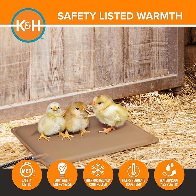 K&H Pet Products Thermo-Peep Chicken Heating Pad for Brooders and Chicken Coops, Warming Heat Plate for Chicks and Ducklings, Safety Listed Poultry Heat Lamp Alternative - Petite 12 X 9in, Tan 25W