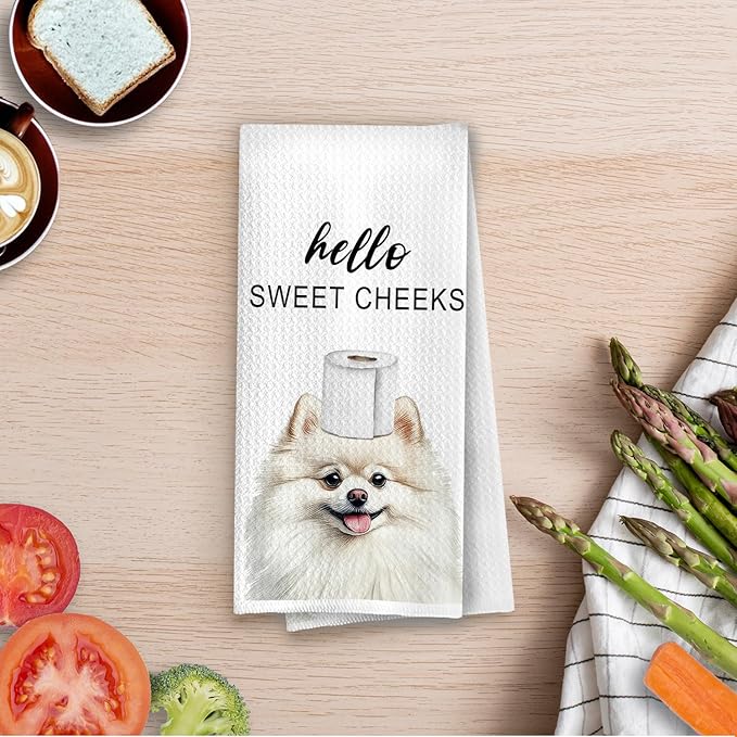 Funny Pomeranian Bathroom Decor - Pomeranian Gifts Waffle Decorative Hand Towels, Hello Sweet Cheeks Bathroom Decor, 16x24 Inches