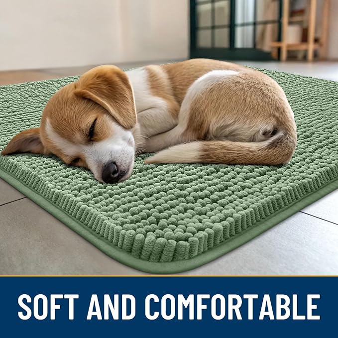 Smiry Dog Door Mat for Muddy Paws 71x46, Absorbs Moisture and Dirt Doormat, Non-Slip Washable Quick Dry Chenille Front Door Mat Indoor Entrance, Entryway Carpet for Inside Floor, Olive Green