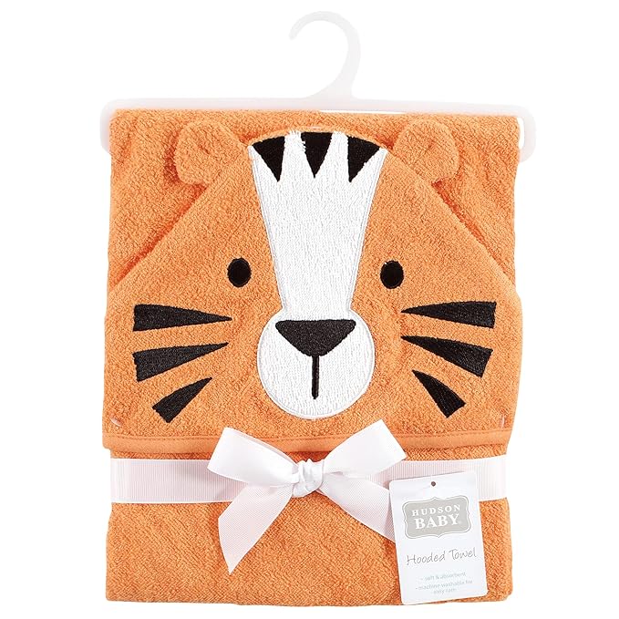 Hudson Baby Unisex Baby Cotton Animal Face Hooded Towel, Tiger, One Size