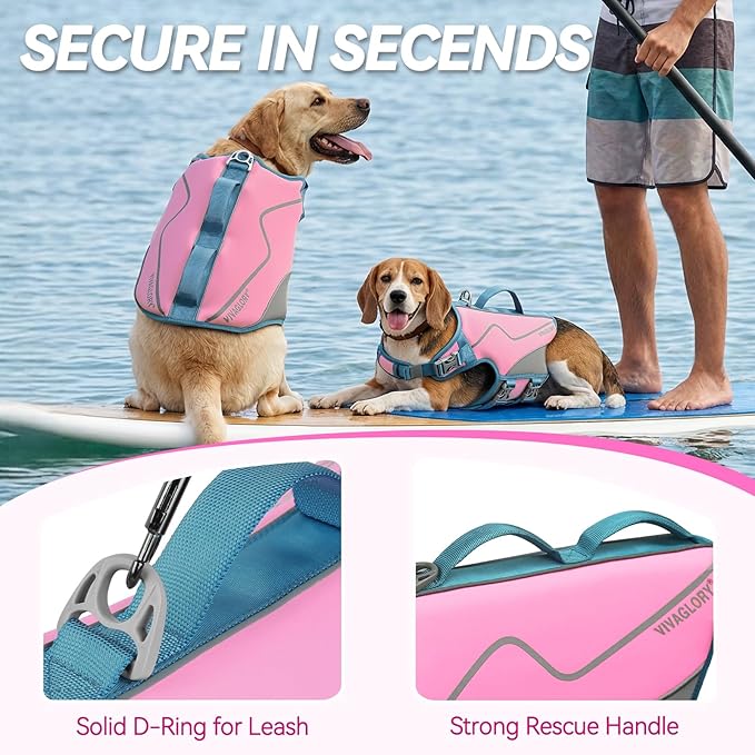 VIVAGLORY Neoprene Dog Life Vest, Dog Life Jacket for Swimming & Boating, Lightweight & Buoyancy for Puppy Doggy, Swimming Vest with Handle, XL, Pink Grey