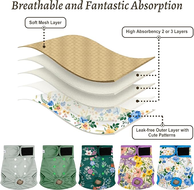 Female Dog Diapers 5Pcs - Premium Reusable Diapers for Doggie in Heat - Highly Absorbent Dog Diapers Female for Pet Incontinence with Adjustable Snaps, Green, XL