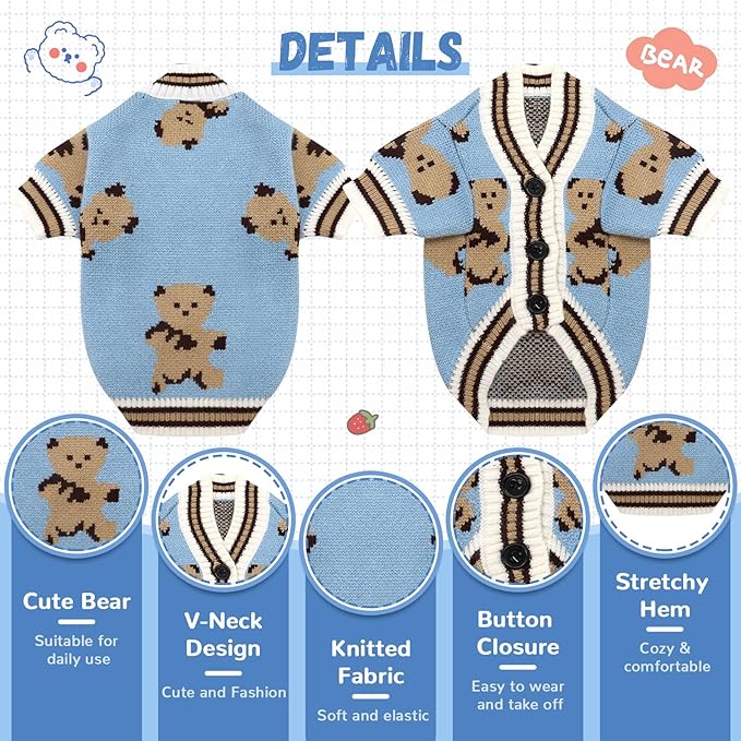 Small Dog Sweaters Cute Bear Dog Cardigans Clothes for Small Medium Dogs Boy Girl Puppy Cat Knitting Cardigan Outfits Dogs Winter Coats Warm Pet Doggy Clothes Soft Knitwear Apparel (Blue,XL)