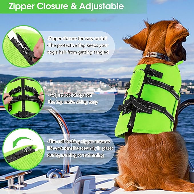 Dogcheer Dog Life Jacket with Back Zipper, High Buoyancy Puppy Swimming Vest, Dog Life Vest for Boating, Reflective Pet Floating Swim Vest PFD for Small Medium Large Dogs-Green,S