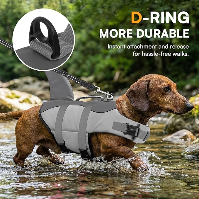 Queenmore Dog Life Jacket Ripstop Shark Dog Safety Vest Adjustable Preserver with High Buoyancy and Durable Rescue Handle for Small,Medium,Large Dogs, Grey Shark X-Small