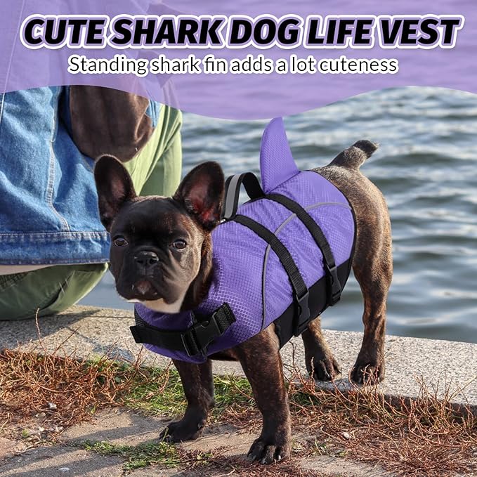 Queenmore Small Dog Shark Life Jacket for Swimming Boating Kayaking, High Buoyancy Puppy Dog Life Preserver with Strong Rescue Handle and Reflective Light (Purple, S)