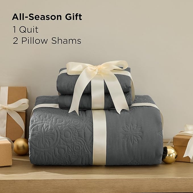 Bedsure Quilts Queen Size - Stitch-Free Ultrasonic Quilting, Dark Grey Bedspread with Modern Vintage Mandala Embossed Pattern, Lightweight All-Season Comforter & Coverlet, 90 x 96 Inches | Stitch-Free Quilting, Ultra Soft, Lightweight, Machine Washable...
