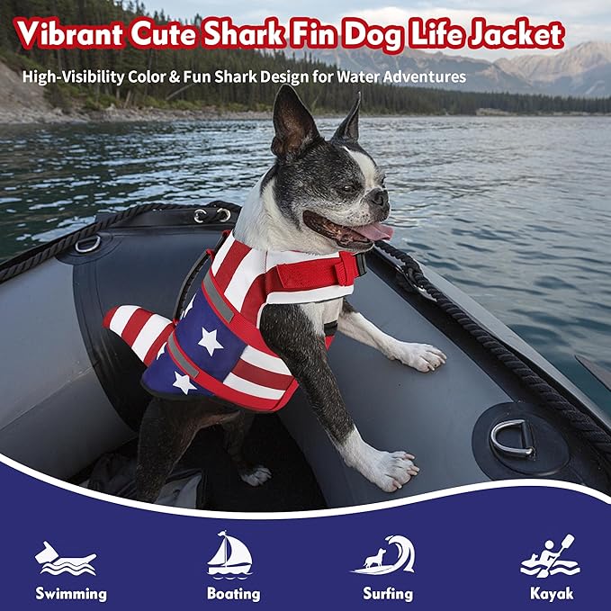 Dogcheer Dog Life Jacket Shark, American Flag Dog Life Vest with Reflective Stripes & Rescue Handle, Adjustable High Buoyancy Puppy Swim Float Vest for Small Medium Large Dogs - USA Flag, L