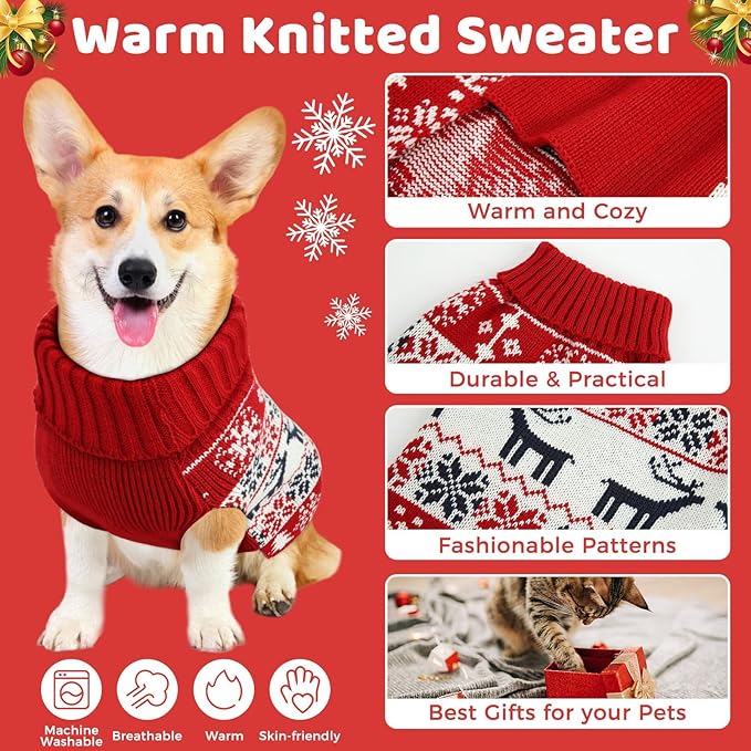 Christmas Dog Sweaters for Small Medium Large Dogs and Cats,Pet Soft Warm Holiday Outfit Girl & Boy,Pup Winter Clothes Turtleneck Double Knitting Collar for Outdoors Playing (Deer,XXL)