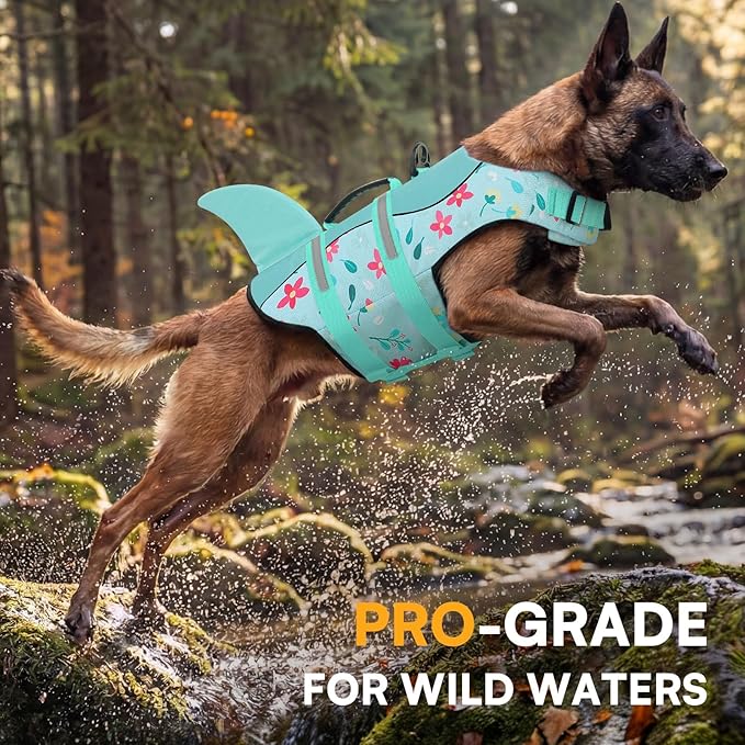 Queenmore Dog Life Jacket, Dog Life Vest for Swimming, Doggie Shark Swimming Vest with Rescue Handle, Adjustable Reflective Pet Lifesaver Preserver for Small Dogs, Blue Flower S