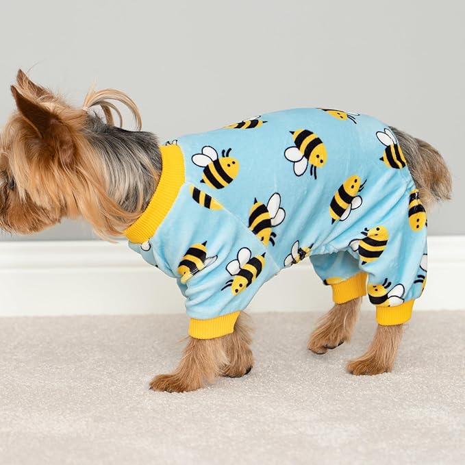 Fitwarm Funny Bee Fleece Dog Pajamas, Warm Winter Dog Clothes for Small Dogs Boy Girl, Cozy Pet Onesie with Feet, Light Blue, XXL