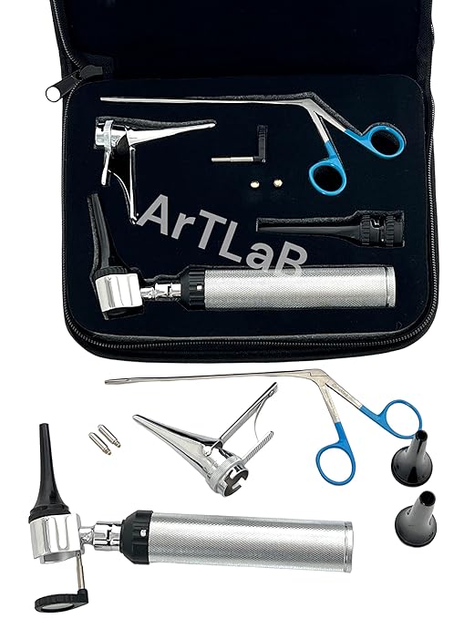 ArtLaB-Premium Veterinary Otoscope Set Kit Veterinary Diagnostic Set Instrument with Reusable Ear Speculas Set -Veterinary Diagnostic Otoscope Set and Hartman Speculum (Zipper Vet Slit Head Otoscope)
