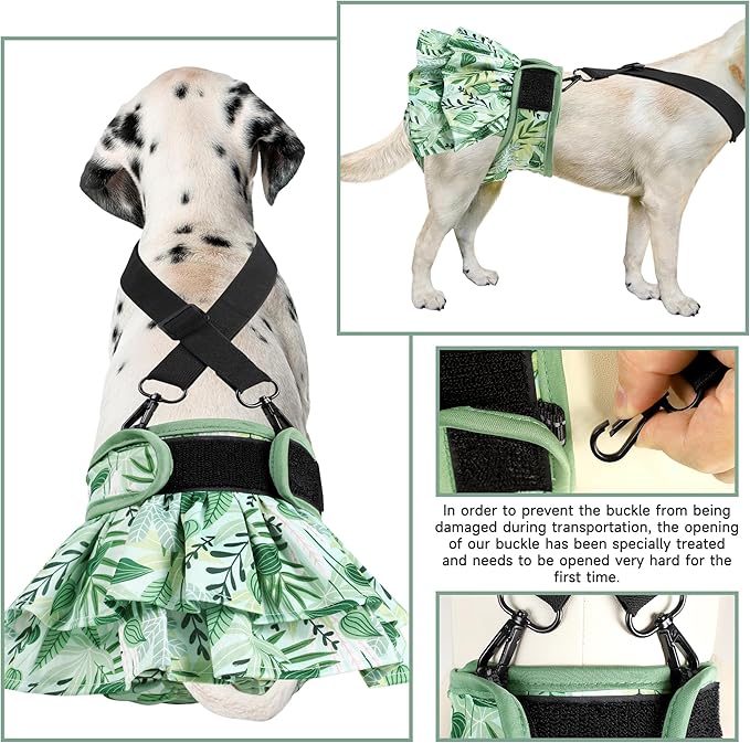 Washable Female Dog Diapers (4 Pack+1 Suspenders), Reusable Female Girl Doggy Doggie Puppy Wraps Panties Belly Band for Pet Heat Period Pooping Peeing Potty Training Incontinence Marking Leaf Small