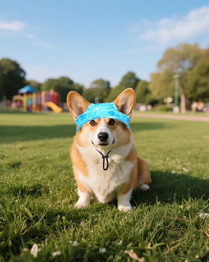 PET SHOW Dog Bucket Hat Paw Print Dog Visors for Medium Large Dogs Waterproof Outdoor Pet Sun Hats with Ear Holes Round Brim Adjustable Drawstring Boy Puppy Cap-Blue/L