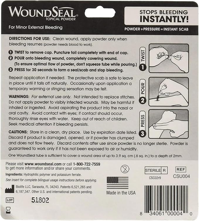 WoundSeal Powder 4 Each (Pack of 2) - Wound Care First Aid for Cuts, Scrapes and Abrasions - Stops Bleeding in Seconds Without Stitches or Bandages - Safe and Effective for People of All Ages and Pets