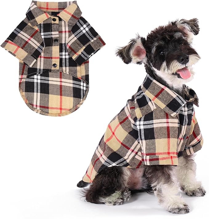 KOOLTAIL Dog Shirt,Cotton Beige Plaid Pet Shirts,Cute Dog Apparel Clothes Suitable for All Seasons, Comfortable Dogs T-Shirt for Small Medium Large Dogs Cats, Pet Outfit Costume,XS
