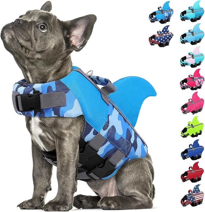 SUNFURA Dog Life Jacket Shark Life Vest for Dogs, Adjustable Swmming Vest with High Buoyancy, Safety Lifesaver with Rescue Handle for French Bulldog Small Medium Breeds, BlueCamo L