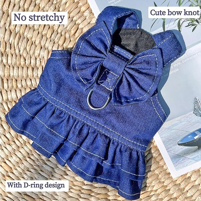 ANIAC Denim Dog Dresses for Small Dogs Puppy Girl Clothes with Leash Ring and Cute Bow Knot Summer Cat Apparel with D-Ring Blue Girl Dog Clothes (Dark Blue,Medium)