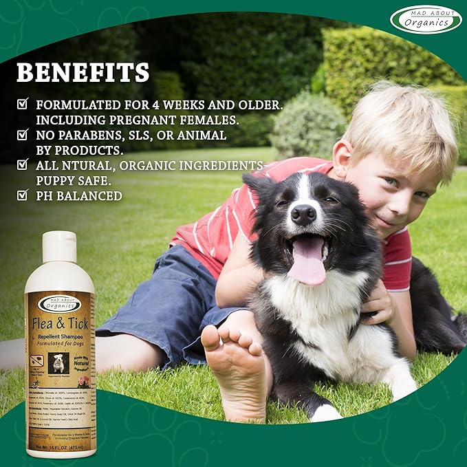 Flea & Tick Protection Shampoo for Dogs – Formulated to Deter Bugs – Gentle for Puppies 4 Weeks & Older and Suitable for Pregnant Dogs – pH Balanced for Regular Use, 16 FL OZ