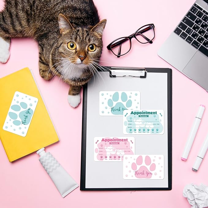 240Pcs Pet Grooming Appointment Reminder Cards Paw Prints Client Business Card for Vet Office Dog Spa Boarding Training Cats Care 3.54 x 2inch 2 Colors