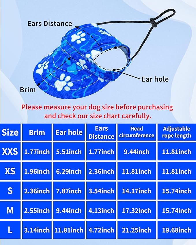 PET SHOW Dog Baseball Cap Paw Print Dog Visors for Small Doggy Cats Waterproof Pet Sun Hats with Ear Holes Adjustable Drawstring Boy Puppy Hat - Royal Blue/S