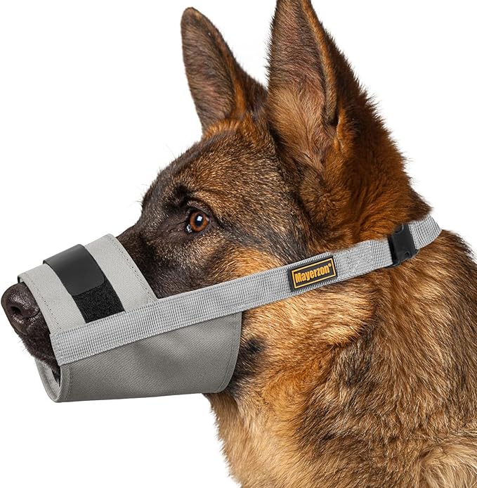 Mayerzon Dog Muzzle for Large Medium Small Dogs, Adjustable Fit, Soft & Sturdy Fabric, Prevents Fierce Barking Biting Chewing, Ideal for Grooming Walking Vet Visits, Allows to Pant Drink (Grey, M)