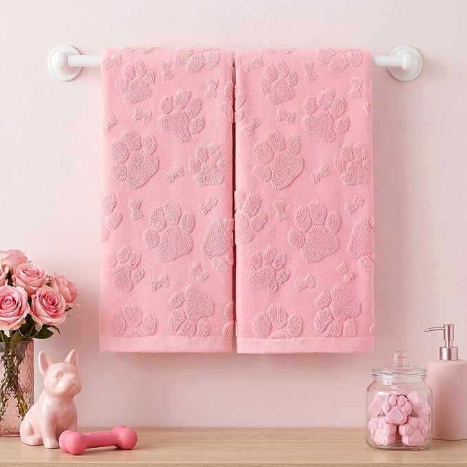 2pcs Pink Dog Paw Hand Towels for Bathroom Pink Cotton Jacquard Kitchen Bath Hand Towels Set Decorative Weave 3D Kitchen Dish Towel Cute Dog Soft Absorbent Bathroom Towel Home Decor Gift