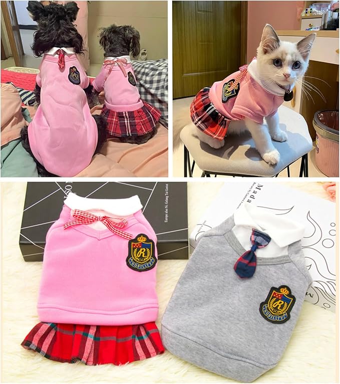 Selena Pet Uniform School Skirts Sailor Costume Dog Campus Clothes Teddy Cute Bowtie Adorable Puppy Apparel (Medium,Pink Shirt)