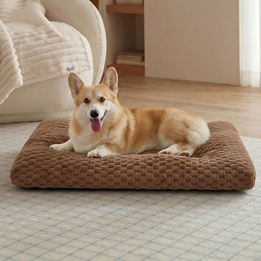 Bedsure Washable Dog Bed for Crate Large Sized Dog, Soft Fluffy Bubble Fleece Pet Bed Mat for Deep Sleep, Non-Slip and Machine Washable Kennel Sleeping Pad for Large Dogs, 35"x23"x3.5", Camel Brown