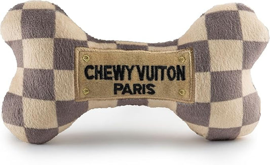 Haute Diggity Dog Checker Chewy Vuiton Bone, Plush Designer Dog Toys with Interactive Squeaker, Stimulating Pet Enrichment, Machine-Washable & Safe Materials for All Breeds, Size Large