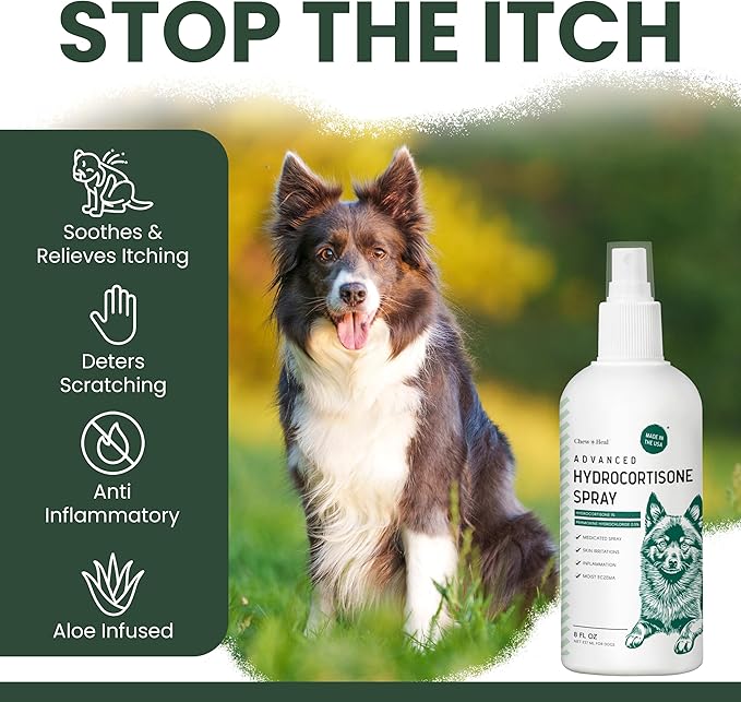 Chew + Heal Labs Hydrocortisone Hot Spot Spray for Dogs - Itch Relief, 4 oz with Pramoxine - Soothes Irritated Skin, Allergies, Dermatitis, Flea Bites, Made in USA