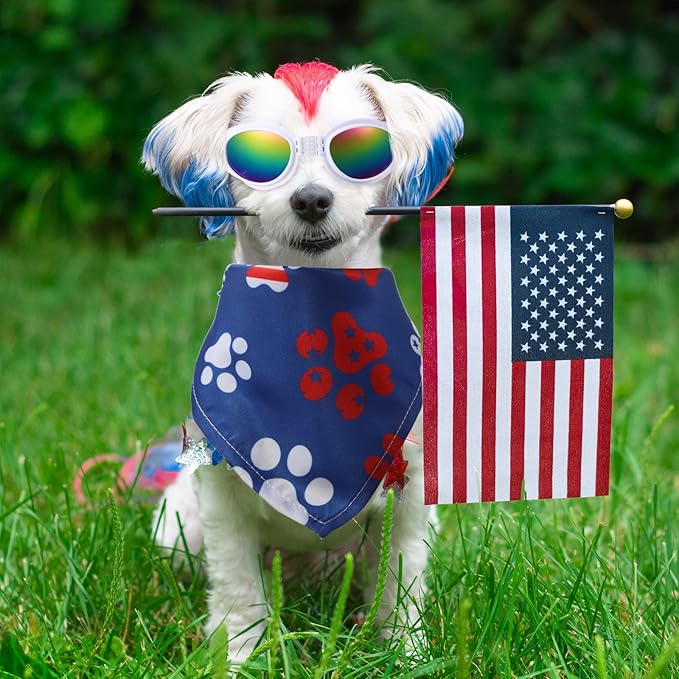 6 Ps 4th of July Dog Bandanas and Goggles Set, American Flag Pet Triangle Scarf Bibs Dog Eye Wear Sunglasses Independence Day Patriotic Pet Costume Accessories