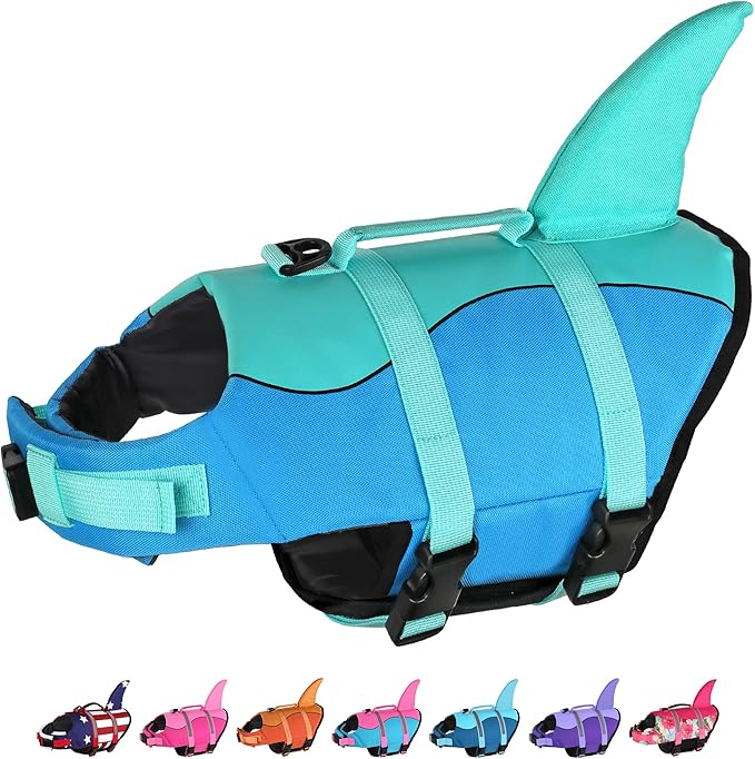 Dogcheer Dog Life Jacket, Cute Shark Dog Life Vest for Swimming Boating with Superior Buoyancy and Rescue Handle, Adjustable Puppy Floating Swim Vest for Small Medium Large Dogs - Pool Blue, L