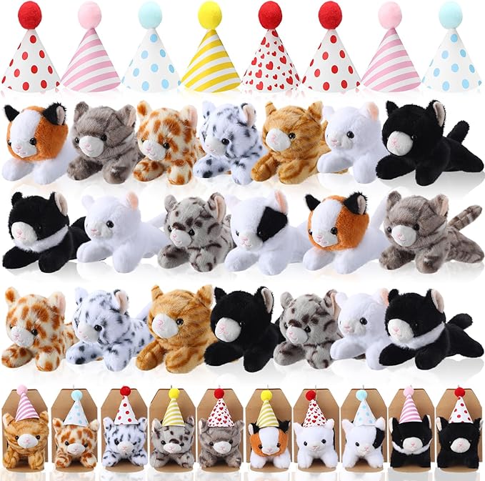 20 Set Cat Stuffed Animals Bulk with Birthday Hats Kraft Paper Boxes Mini Plush Toys Small Stuffed Kittens Adopt Pet Gift for Adoption Event Animal Theme Birthday Party (Lying Cat)