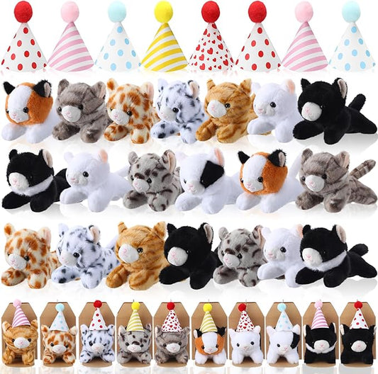 20 Set Cat Stuffed Animals Bulk with Birthday Hats Kraft Paper Boxes Mini Plush Toys Small Stuffed Kittens Adopt Pet Gift for Adoption Event Animal Theme Birthday Party (Lying Cat)