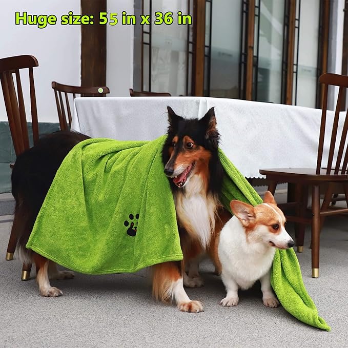 Extra Large Dog Towel - Pack of 2 - Super Absorbent Soft Microfiber Pet Bath Grooming Towels for Drying Dogs and Other Pets (XL-55" * 36", Green and Gery)