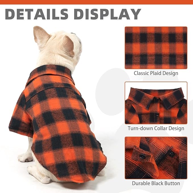 KOOLTAIL Fall Dog Shirt, Thanksgiving Orange Plaid Pet Shirts, Cute Dog Apparel Clothes Suitable for All Seasons, Comfortable Dogs T-Shirt for Small Medium Large Dogs Cats, Pet Outfit Costume, S
