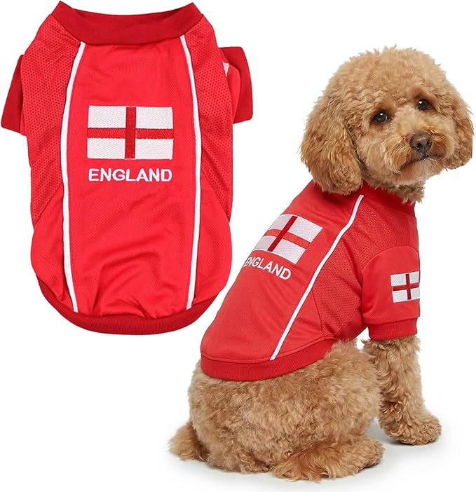 Parisian Pet Team England Dog Jersey - Breathable Mesh Puppy Football Jersey - Lightweight Stretch Sporty Dog Clothes - Summer Shirts for Large Dogs - Soccer Jersey for Dogs - Sportswear Pet Clothes