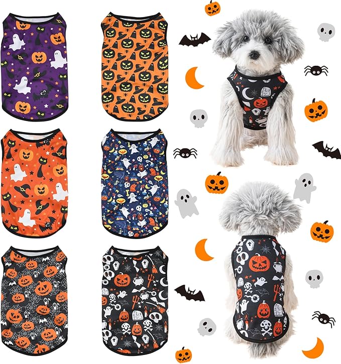 6 Pack Halloween Dog Clothes for Small Dogs, Soft and Breathable Puppy Kitten Dog Shirts for Pet Cats, Summer Dogs' T-Shirts Apparel Sleeveless Vests for Yorkies (Happy Halloween, X-Large)