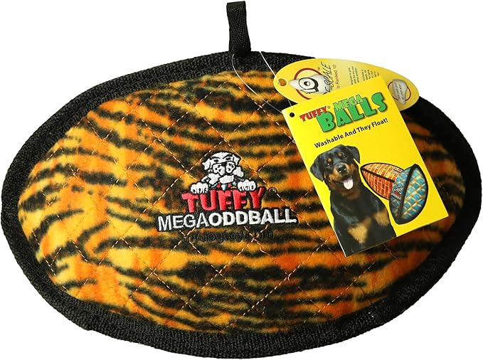 TUFFY - World's Tuffest Soft Dog Toy - MEGA -Multiple Layers. Made Durable, Strong & Tough. Interactive Play (Tug, Toss & Fetch). Machine Washable & Floats (Odd Ball Tiger, Large 2 Pack)