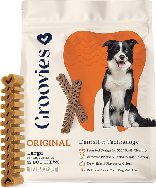 Groovies Flexible Dog Dental Chews with Patented DentalFit Technology to Help Support Tartar Control & Fresh Breath, Large Dog Chews for 25-50 lb Dogs, USA Manufactured Oral Care, 12 Chews