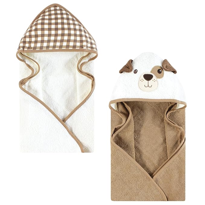 Hudson Baby Unisex Baby Cotton Animal Face Hooded Towel, Brown Gingham Puppy, One Size
