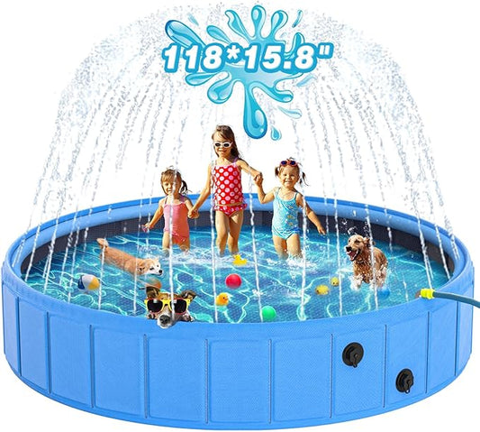 EPN Large Foldable Dog Pool – 0.55MM PVC 2-in-1 Portable Bathtub & Sprinkler for Dogs, Cats, Kids – Heavy Duty, Non-Slip, Summer Water Toy (118 in)