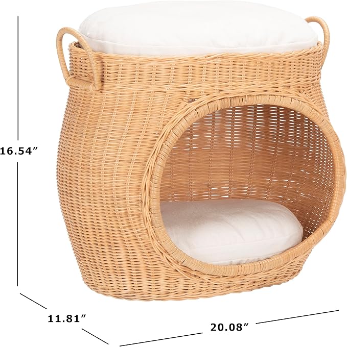 SAFAVIEH Home Collection Faati Honey Brown Rattan Pet Cat Bed with White Cushion, Ideal for Living Room, Bedroom, Entryway (Fully Assembled)