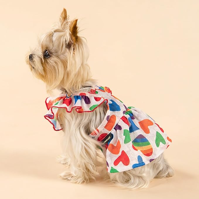 Fitwarm Colorful Heart Dog Dress, Summer Clothes for Small Dogs Girl, Cute Pet Rainbow Outfit, Red, Yellow, Blue, Green, White, XXS