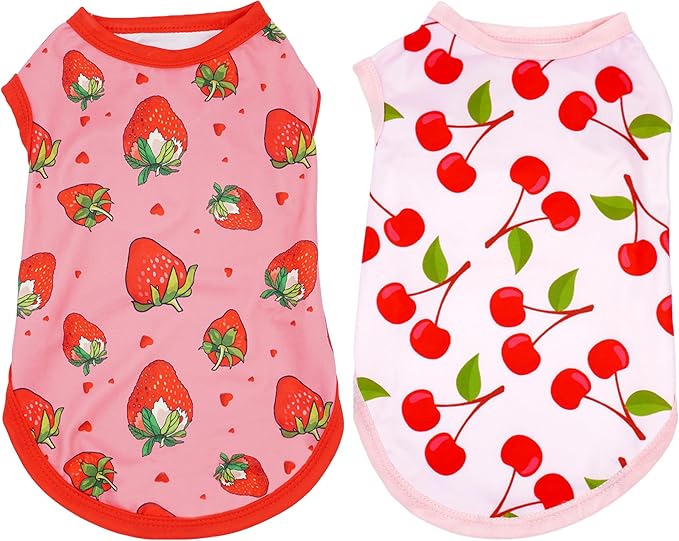 2pcs/Pack Dog Shirts Sleeveless for Large Breed Dog Girl Pink Red Strawberry Cherry Print Puppy Clothes Vest Outfit Light Soft Breathable