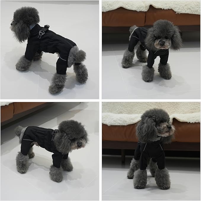 Winter Waterproof Dog Snowsuit – Full Body Outdoor Jacket with Leash Ring, Fleece Lining, Windproof Reflective 4-Leg Dog Coat for Small to Large Dogs Black 4XL