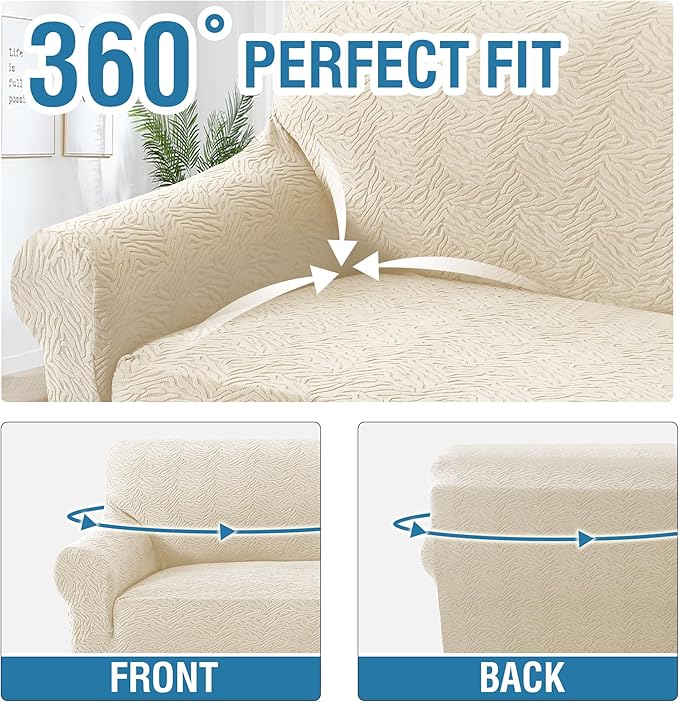 H.VERSAILTEX Jacquard Couch Covers for 3 Cushion Couch 1 Piece Stretch Sofa Covers Furniture Protector Anti-Slip Soft Thickened Dogs Slipcovers Washable Leopard Pattern(Sofa, Ivory)