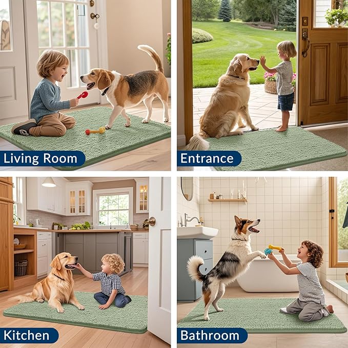 Smiry Dog Door Mat for Muddy Paws 40x32, Absorbs Moisture and Dirt Doormat, Non-Slip Washable Quick Dry Chenille Front Door Mat Indoor Entrance, Entryway Carpet for Inside Floor, Sage Green